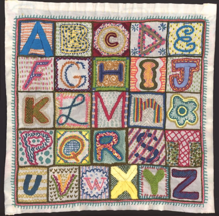 Roz Chast Alphabet Sampler, 2018 hand embroidery 14 x 14 inches (CHAST 150)