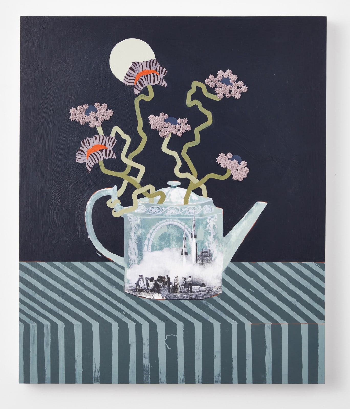 Wedgwood teapot with flowers in it, sitting on striped tablecloth