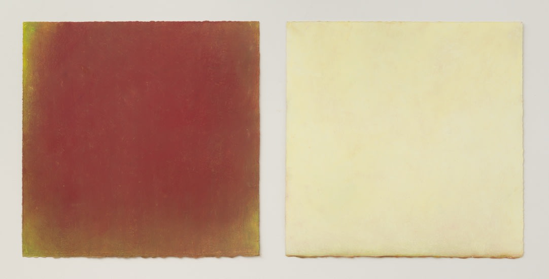 two panel work on paper -- left red and green, right cream