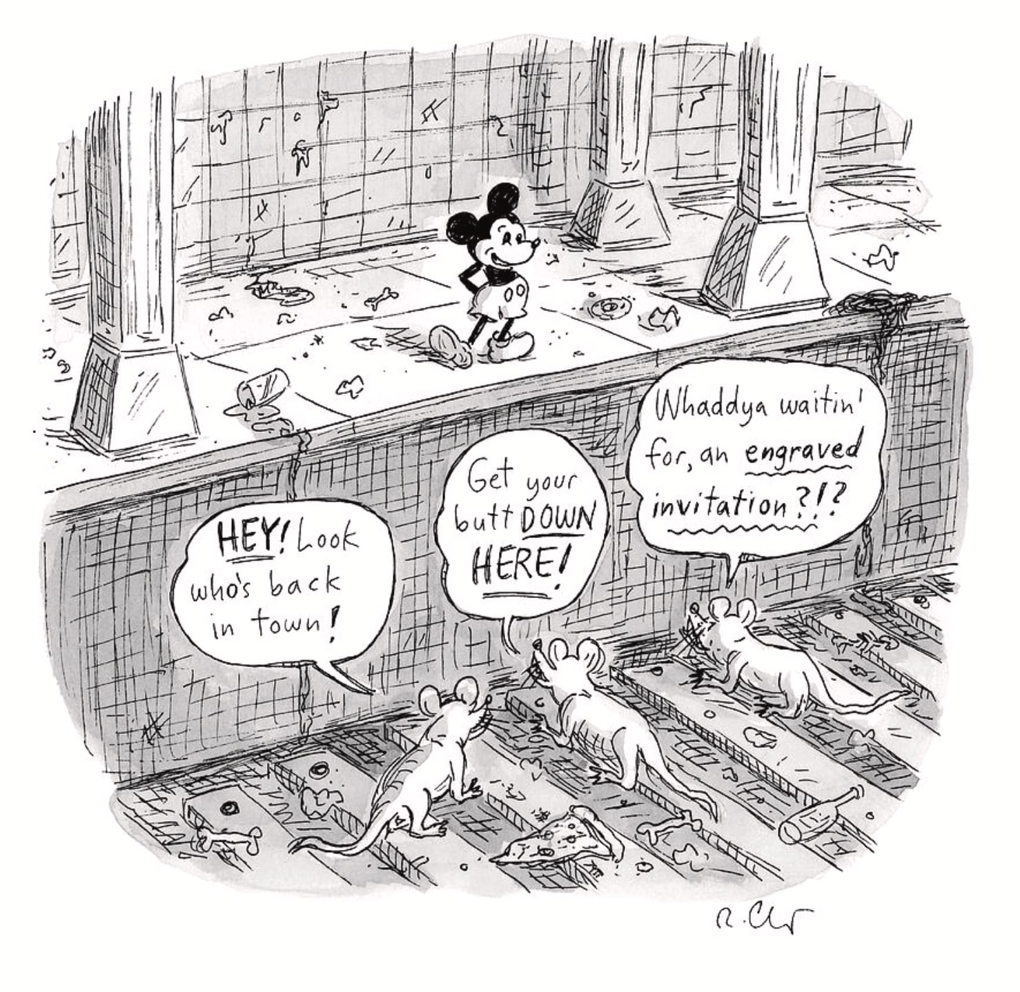 Mickey Mouse stands on subway platform while three rats shout at him from tracks, 