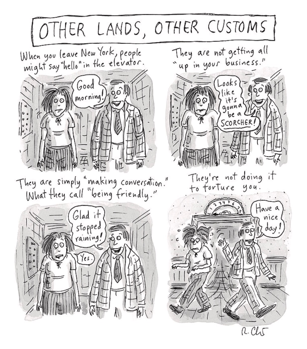 Four panels depicting a woman who is uncomfortable with a stranger’s niceties in the elevator.