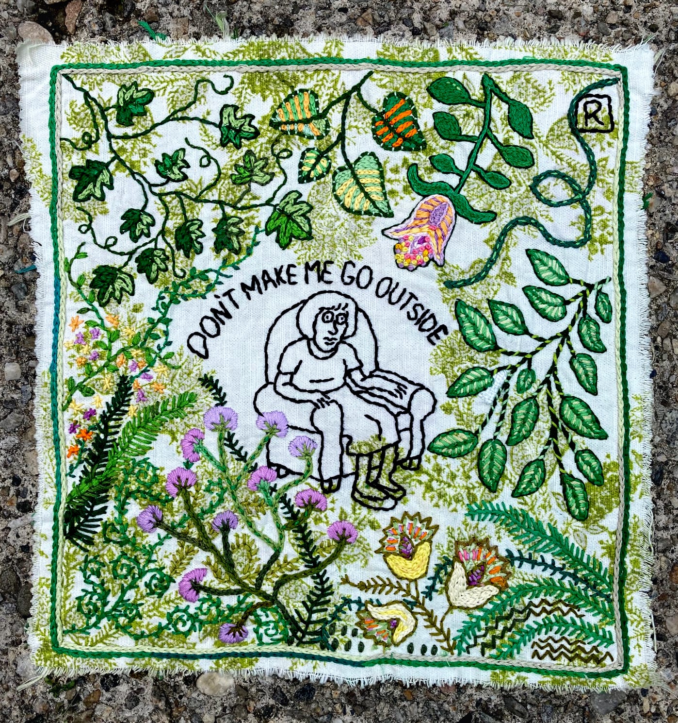 Roz Chast Don't Make Me Go Outside, 2021 hand embroidery 12.5 x 12.5 inches (CHAST 315)
