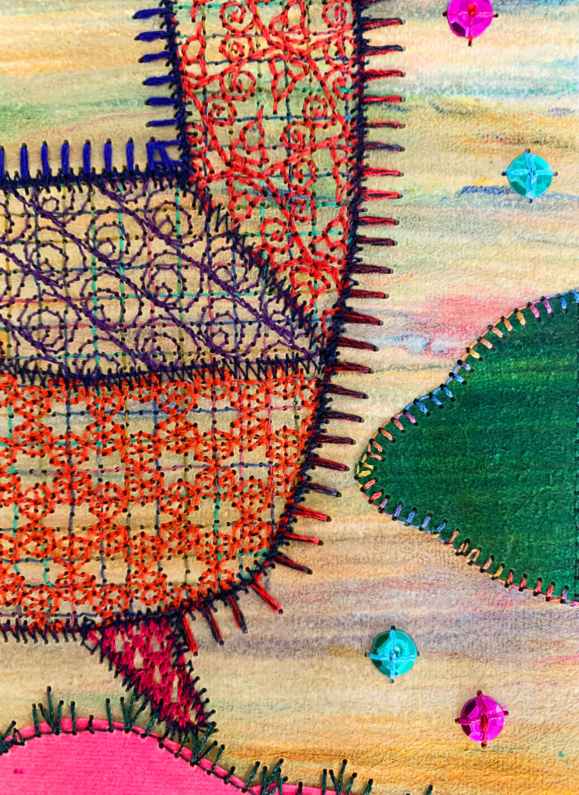 Detail of Leslie Giuliani King of the Hill , 2021 Embroidery and sequins on encaustic on microfiber 10 x 8 inches (GUILIANI 3)