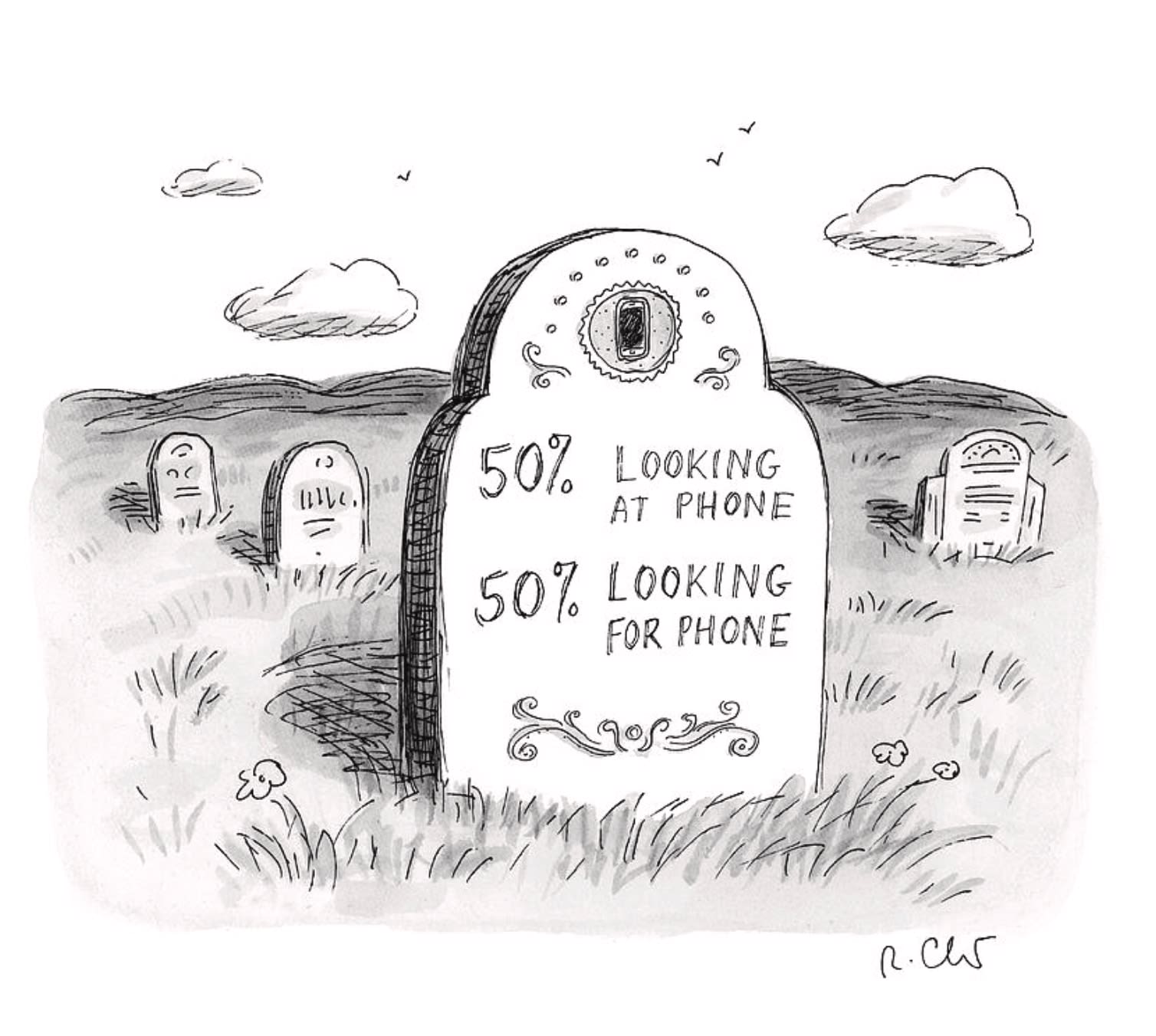 A humorous tombstone stands in the center of a sketchy graveyard setting, with the epitaph 