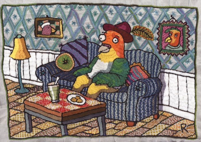 Roz Chast Jacky on a Couch, 2018 hand embroidery 14 x 19.5 inches (CHAST 7)