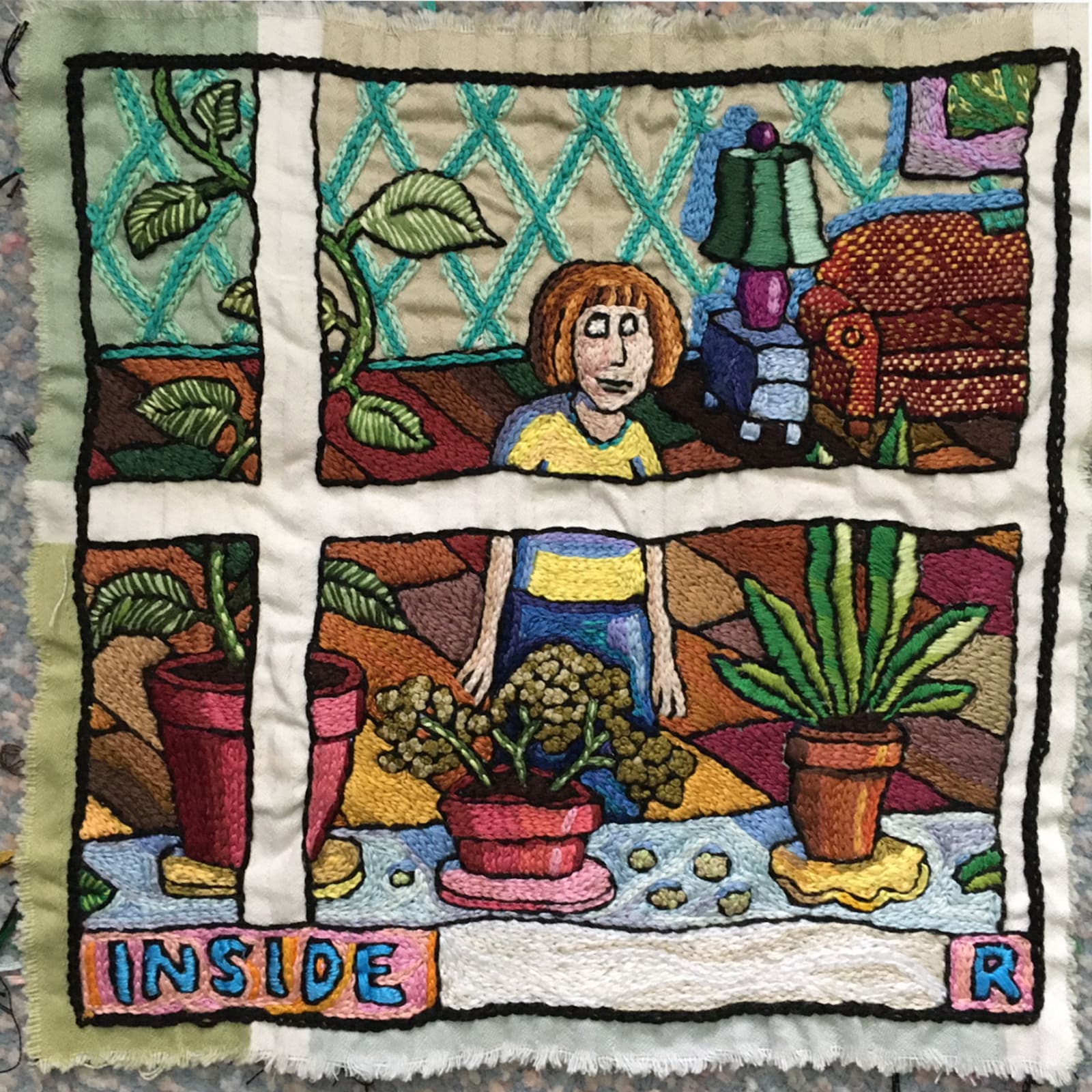 Roz Chast Inside, 2020 hand embroidery 12 x 12 inches (CHAST 11)