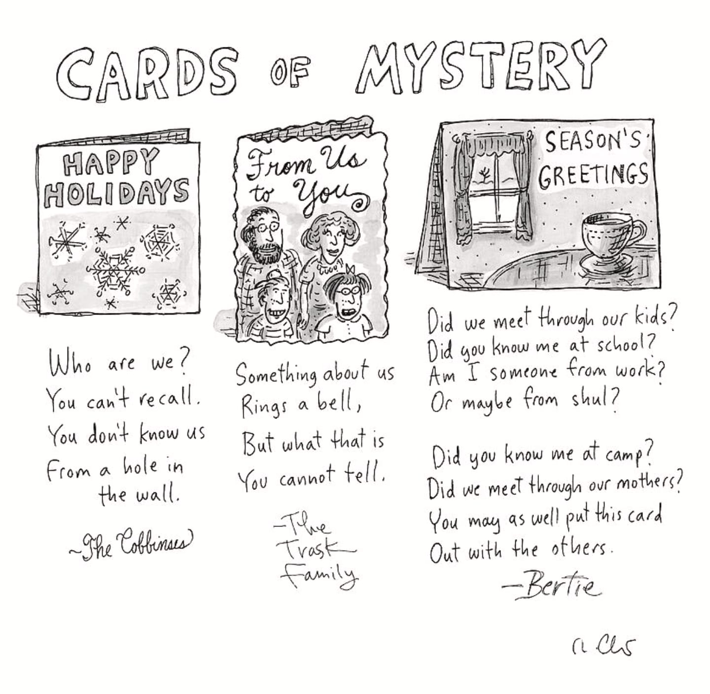 Three holiday cards from families unknown to or unremembered by the recipient.