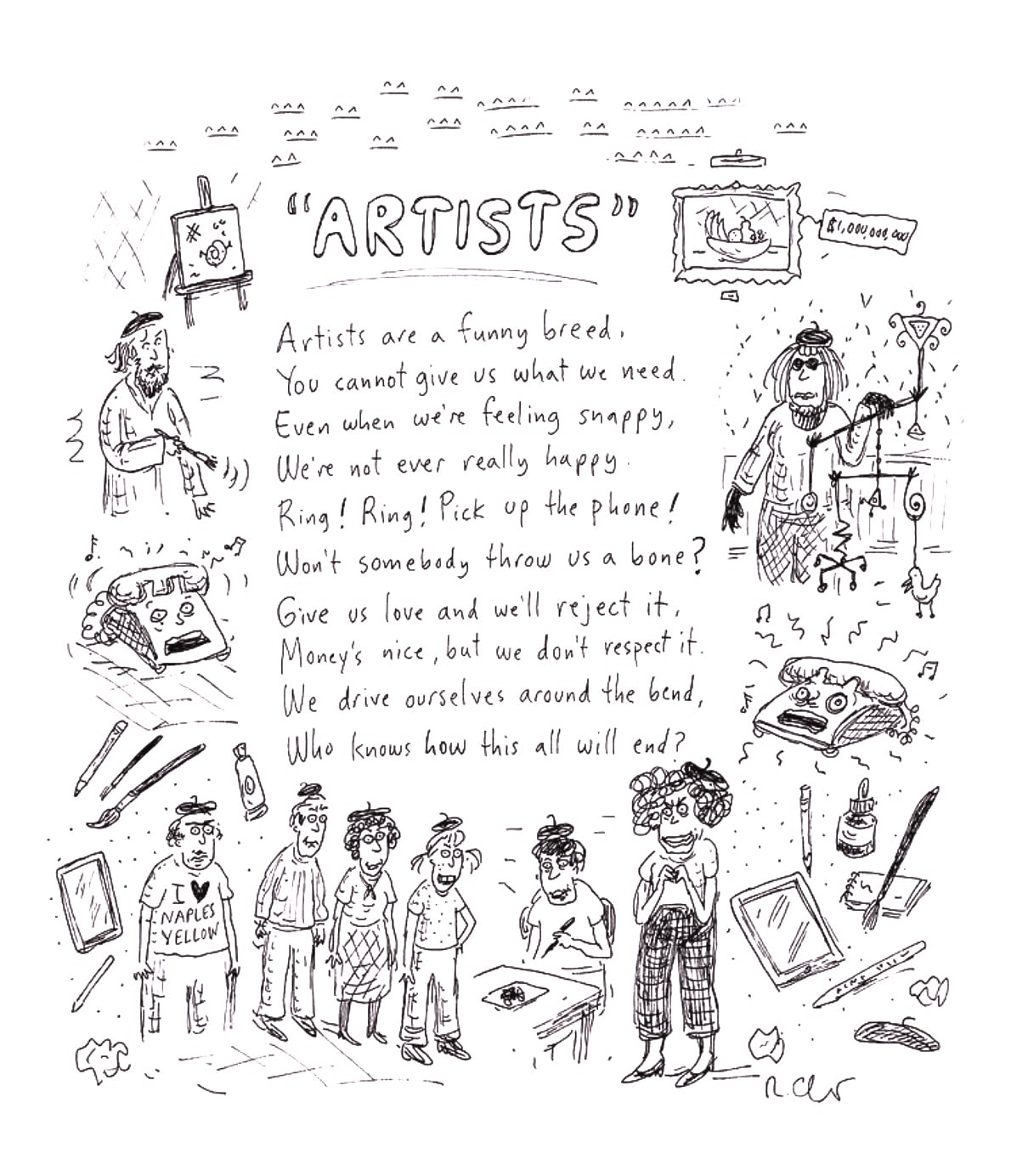 A poem about artists surrounded by images related to artists including a man painting, a phone ringing, paintbrushes, an iPad, a painting with a price tag, and people wearing berets.