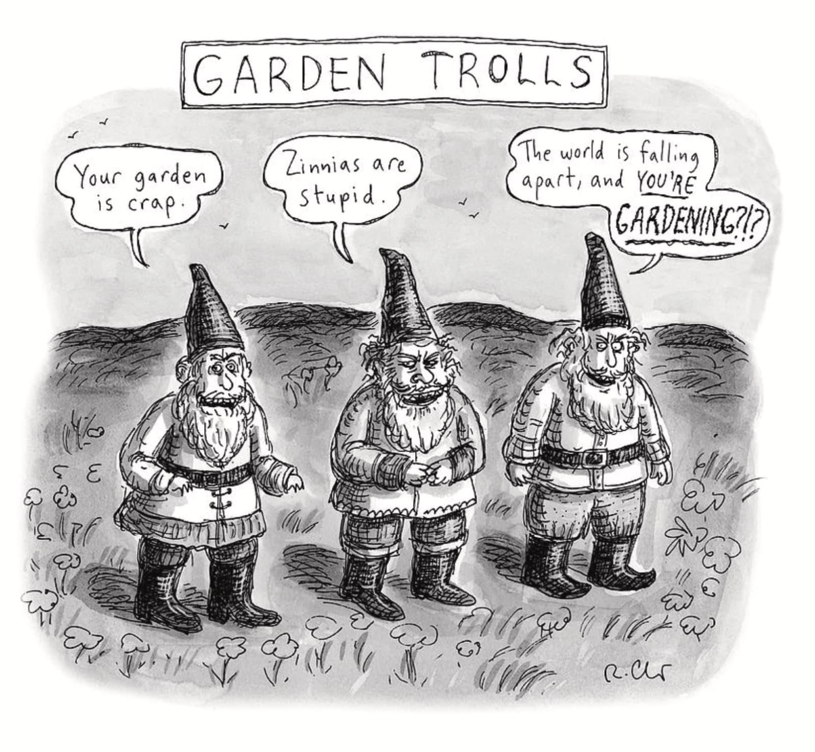 Roz Chast Garden Trolls, May 13, 2019 ink and collage on paper 7,5 x 9 inches (image) 8.5 x 11 inches (sheet) (CHAST 133)