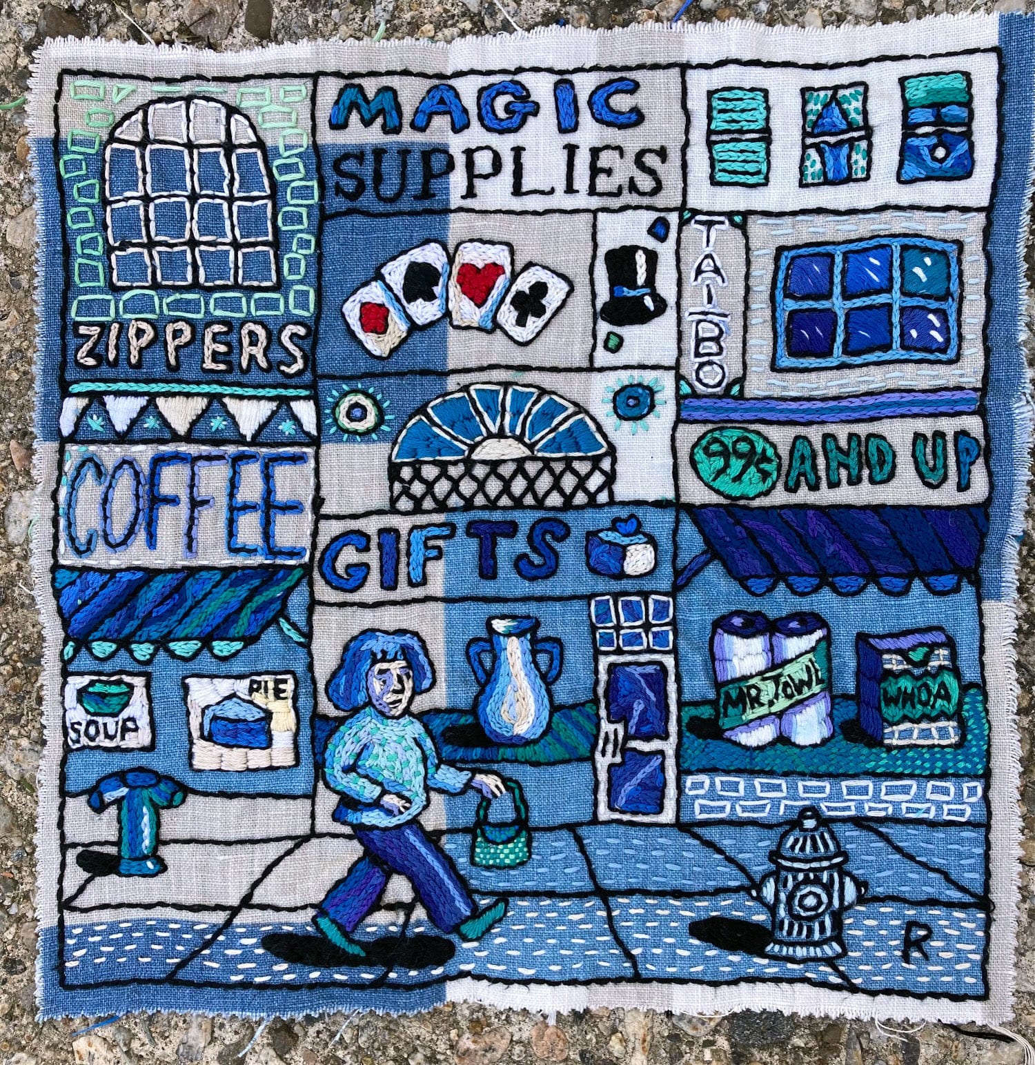 Roz Chast Street, 2021 hand embroidery 12.5 x 12.5 inches (CHAST 269)