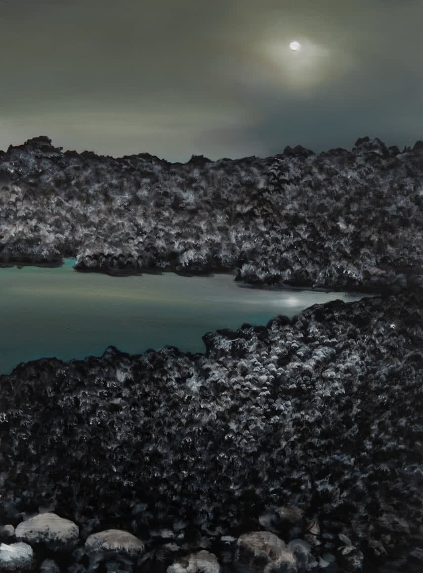 night scene of coastline against dark rocks