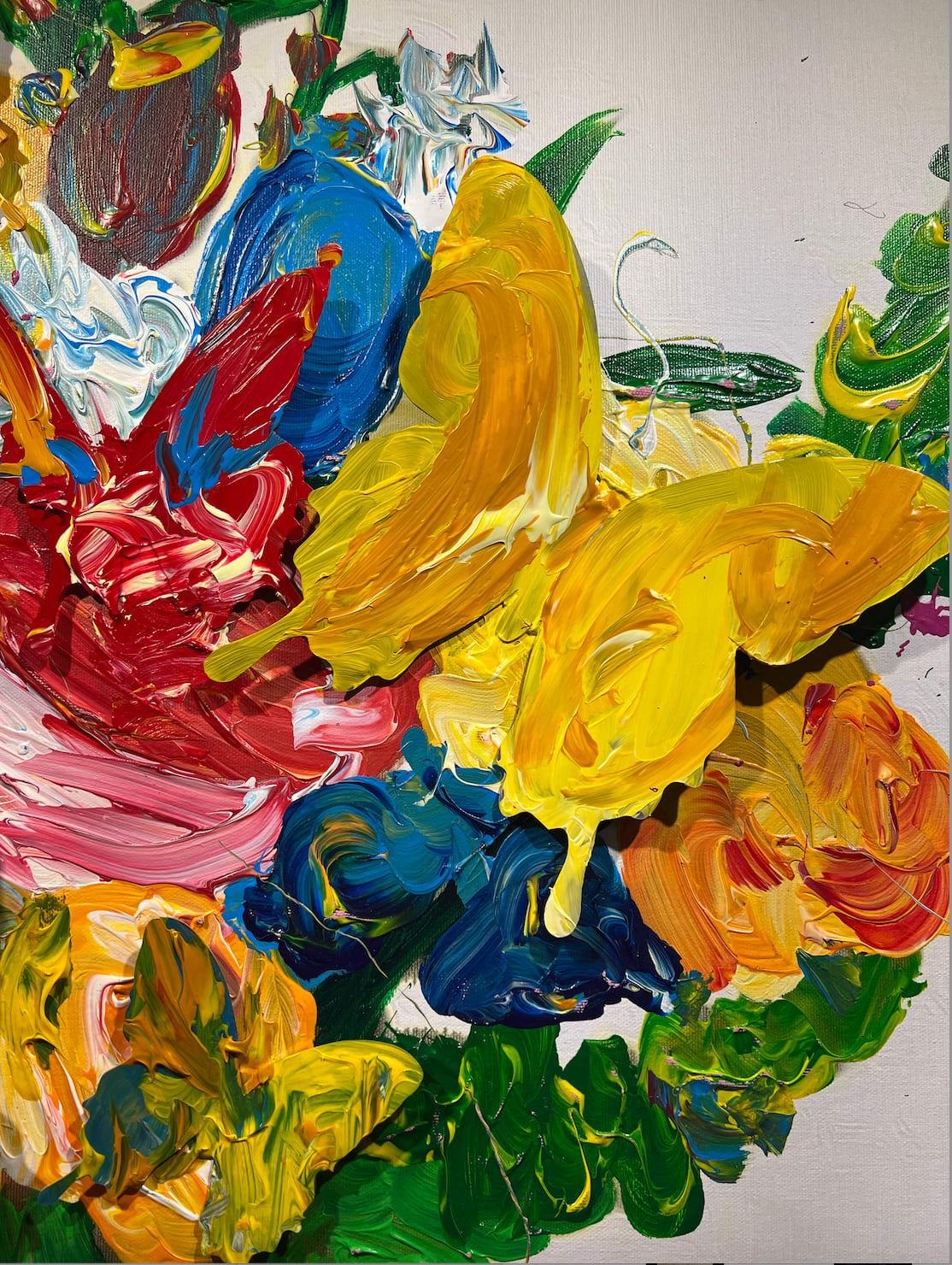 Detail photo of “554”,mixed media artwork by Punk Me Tender artist from France, based in LA. Available at Carousel Fine Art Miami. The artist’s technique involves acrylic on canvas, and aluminum butterflies. The butterfly, a signature element in his work, is used to create a transformative experience for viewers. Colors of this work hues of: Blue, Green, Red, Pink, Yellow, Orange, White