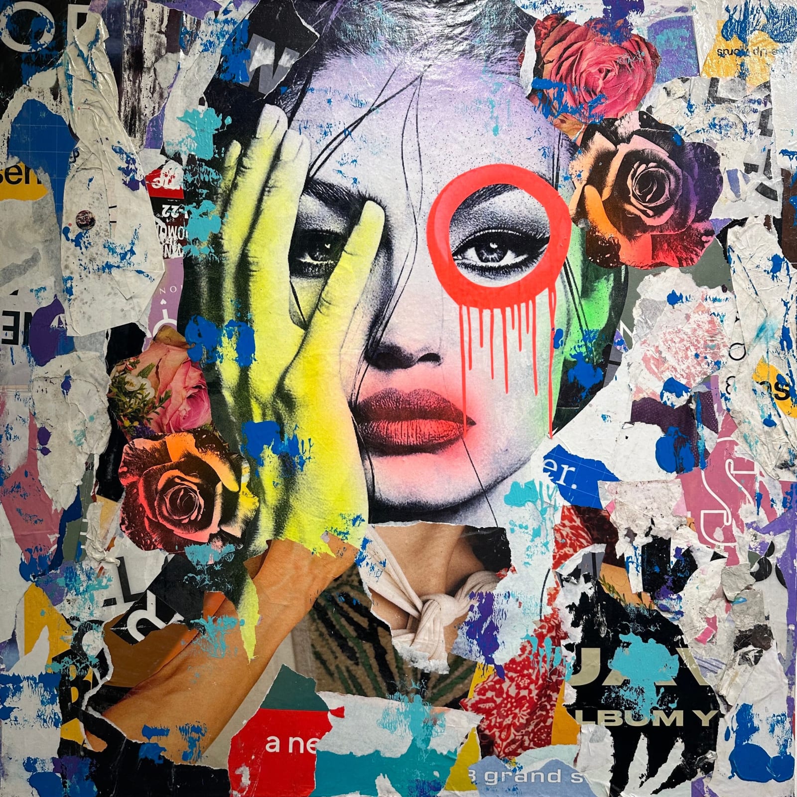 “Yellow Hand Gigi”, mixed media artwork by Craig Alan artist from Brooklyn, NY. Available at Carousel Fine Art Miami.