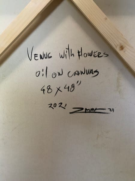Detail photo of “Venus with flowers,” painting by Eric Alfaro artist from Cuba, based in the United States. Available at Carousel Fine Art Miami. The artist’s technique transforms acrylic paint with his spatula into unforgettable imagery. His impasto texture captivates, while his use of color and contrast adds striking depth. Colors of this work : Red, Magenta, Pink, Green, White, Yellow, Orange, Brown, Beige, Grey, Black