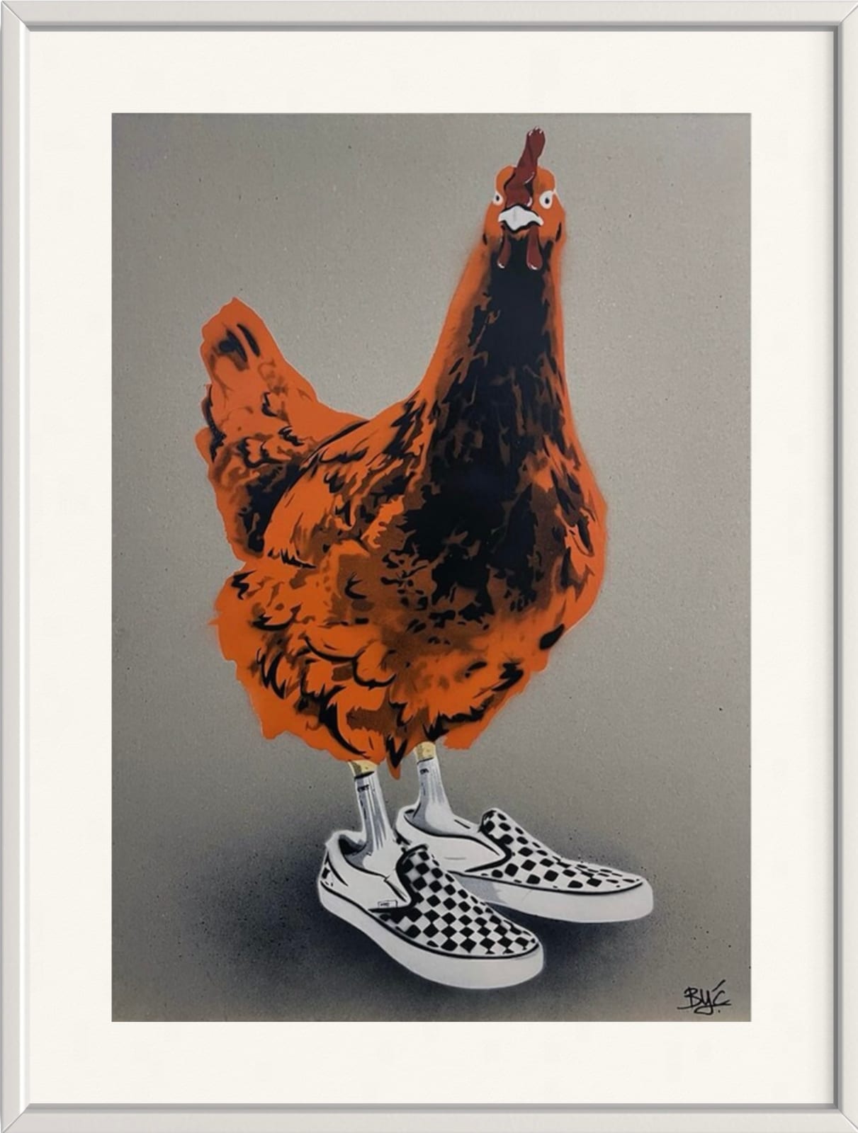 “Chicken at the Top Vans (Orange)”, mixed media work on recycled card stock by BYC artist, from Switzerland. Available at Carousel Fine Art Atlanta.