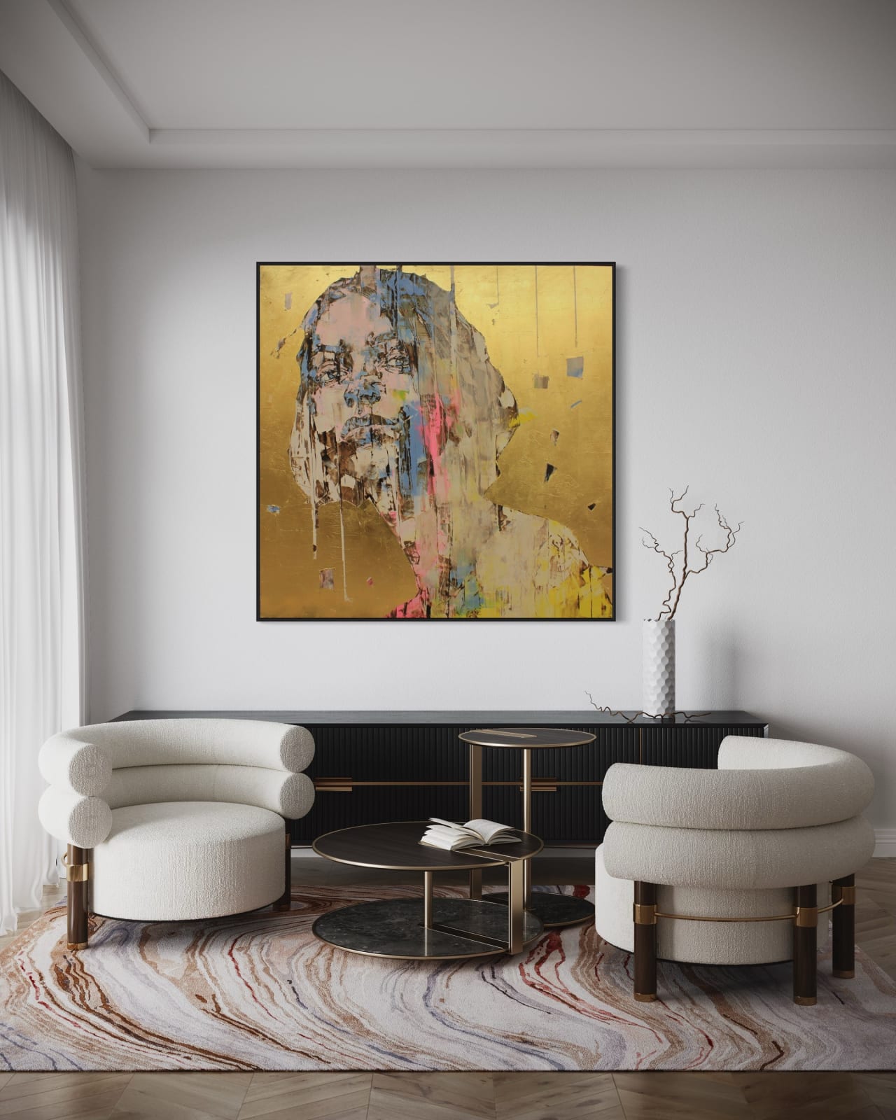 Simulation of Marco Grossi's “The Gold Experience 803”, in a luxury interior.