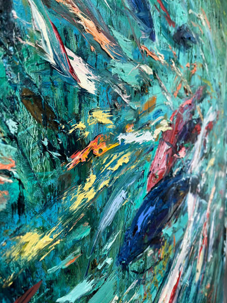 Detail photo of “Turquoise Waters 03” painting by Eric Alfaro artist from Cuba, based in the United States. Available at Carousel Fine Art Atlanta. The artist’s technique transforms acrylic paint with his spatula into unforgettable imagery. His impasto texture captivates, while his use of color and contrast adds striking depth. Colors of this work : Turquoise, Blue, Green, Purple, Brown, Red, Yellow, Orange, Pink, Grey, Black, White