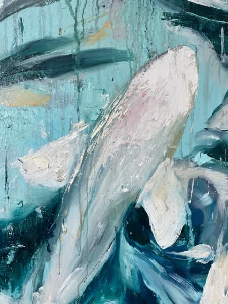 Detail photo of “Pearls” painting by Eric Alfaro artist from Cuba, based in the United States. Available at Carousel Fine Art Atlanta. The artist’s technique transforms acrylic paint with his spatula into unforgettable imagery. His impasto texture captivates, while his use of color and contrast adds striking depth. Colors of this work : Blue, Aqua, Grey, Green, White, Black