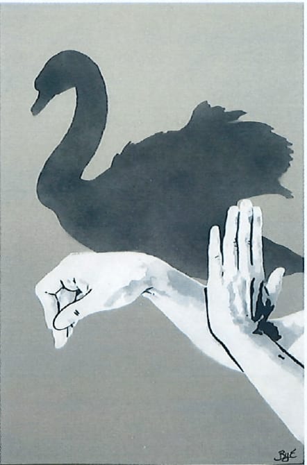 “Shadow Puppets”, mixed media work on recycled card stock by BYC artist, from Switzerland. Available at Carousel Fine Art New Buffalo