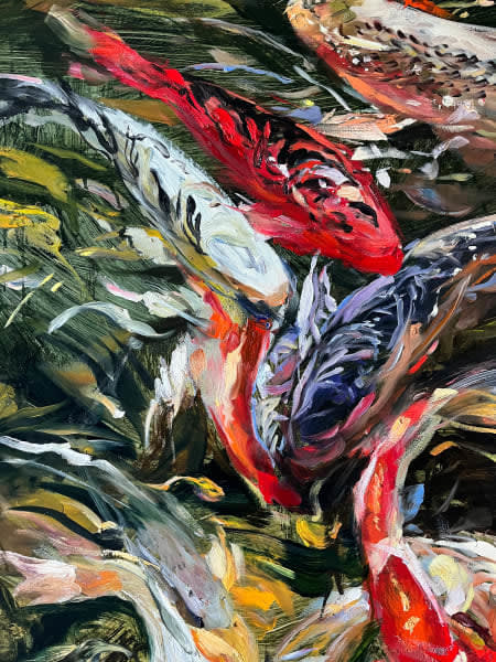 Detail photo of “The Afternoon Lights,” painting by Eric Alfaro artist from Cuba, based in the United States. Available at Carousel Fine Art Miami. The artist’s technique transforms acrylic paint with his spatula into unforgettable imagery. His impasto texture captivates, while his use of color and contrast adds striking depth. Colors of this work : Green, Blue, Red, Pink, White, Purple, Orange, Yellow, Brown, Grey, Black