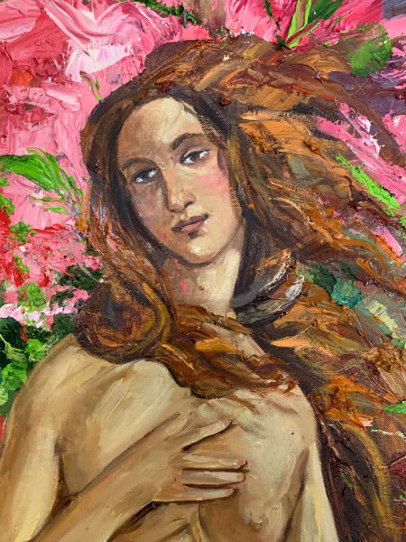 Detail photo of “Venus with flowers,” painting by Eric Alfaro artist from Cuba, based in the United States. Available at Carousel Fine Art Miami. The artist’s technique transforms acrylic paint with his spatula into unforgettable imagery. His impasto texture captivates, while his use of color and contrast adds striking depth. Colors of this work : Red, Magenta, Pink, Green, White, Yellow, Orange, Brown, Beige, Grey, Black