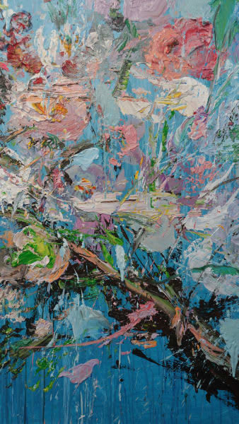 Detail photo of “White Blossom” painting by Eric Alfaro artist from Cuba, based in the United States. Available at Carousel Fine Art Atlanta. The artist’s technique transforms acrylic paint with his spatula into unforgettable imagery. His impasto texture captivates, while his use of color and contrast adds striking depth. Colors of this work : Blue, Green, Purple, Brown, Magenta, Yellow, Orange, Pink, Grey, Black, White