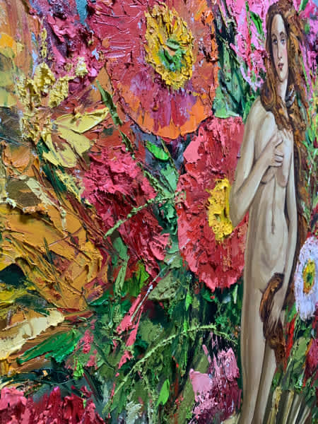 Detail photo of “Venus with flowers,” painting by Eric Alfaro artist from Cuba, based in the United States. Available at Carousel Fine Art Miami. The artist’s technique transforms acrylic paint with his spatula into unforgettable imagery. His impasto texture captivates, while his use of color and contrast adds striking depth. Colors of this work : Red, Magenta, Pink, Green, White, Yellow, Orange, Brown, Beige, Grey, Black