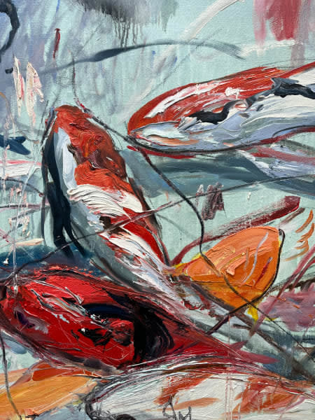 Detail photo of “The Species 02” painting by Eric Alfaro artist from Cuba, based in the United States. Available at Carousel Fine Art Atlanta. The artist’s technique transforms acrylic paint with his spatula into unforgettable imagery. His impasto texture captivates, while his use of color and contrast adds striking depth. Colors of this work : Aqua, Blue, Purple, Red, Yellow, Orange, Pink, Grey, Black, White