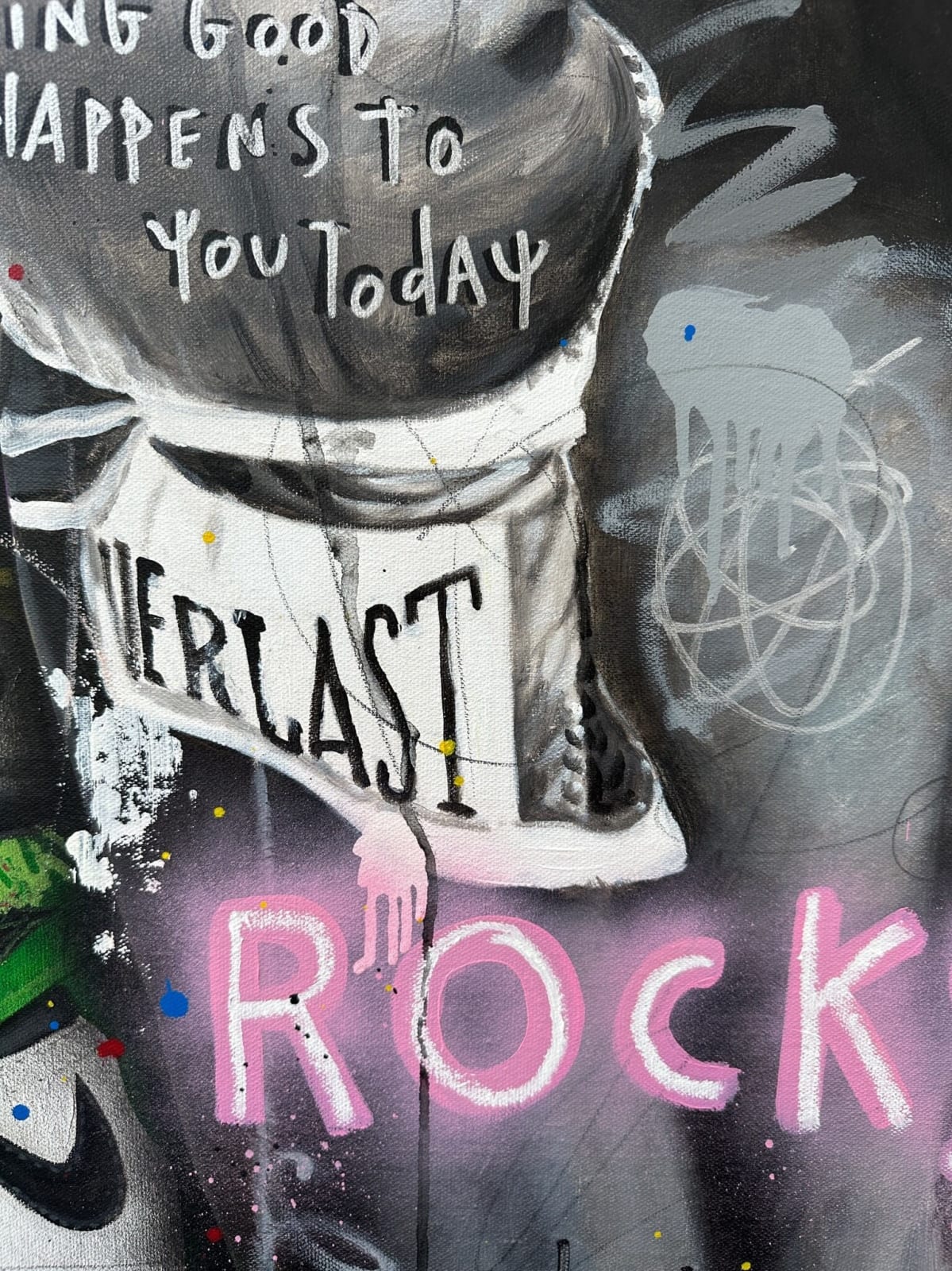 Detail photo of “Boxing+Tiger+Basquiat”, mixed media work by Jisbar artist from France, based in Portugal. Available at Carousel Fine Art Chicago. The artist’s hyper-saturated works blend Pop art with cultural references from fashion, music, and street art. He is known for his colorful, cryptic reinterpretations of iconic art history figures in mixed media on canvas. Colors of this work : Blue, Green, Red, Pink, Yellow, Purple, Black, Orange, Grey, White