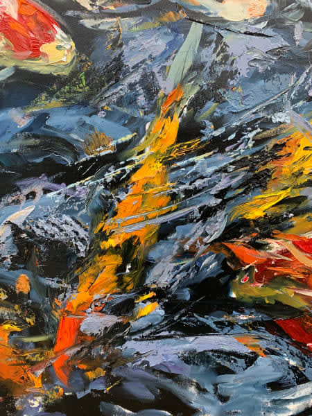 Detail photo of “Koi Pond 05” painting by Eric Alfaro artist from Cuba, based in the United States. Available at Carousel Fine Art Atlanta. The artist’s technique transforms acrylic paint with his spatula into unforgettable imagery. His impasto texture captivates, while his use of color and contrast adds striking depth. Colors of this work : Blue, Green, Red, Orange, Yellow, Pink, Burgundy, Grey, Black, White