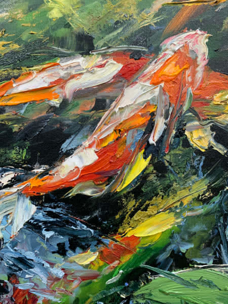 Detail photo of “Koi Pond 05” painting by Eric Alfaro artist from Cuba, based in the United States. Available at Carousel Fine Art Atlanta. The artist’s technique transforms acrylic paint with his spatula into unforgettable imagery. His impasto texture captivates, while his use of color and contrast adds striking depth. Colors of this work : Blue, Green, Red, Orange, Yellow, Pink, Burgundy, Grey, Black, White