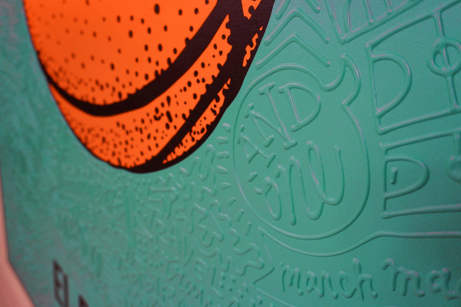 Detail photo of “El Balón”, painting by Cayla Birk artist from South Florida. Available at Carousel Fine Art Chicago. The artist’s technique blends traditional acrylic paints with unique materials, creating a distinct mixed media style. Birk's work is marked by intricate designs and recognizable gestures, combining contemporary culture, history, music, and literature. Her art challenges conventional thinking, offering new and unexpected experiences. Colors of this work : Teal, Orange, Beige, Black