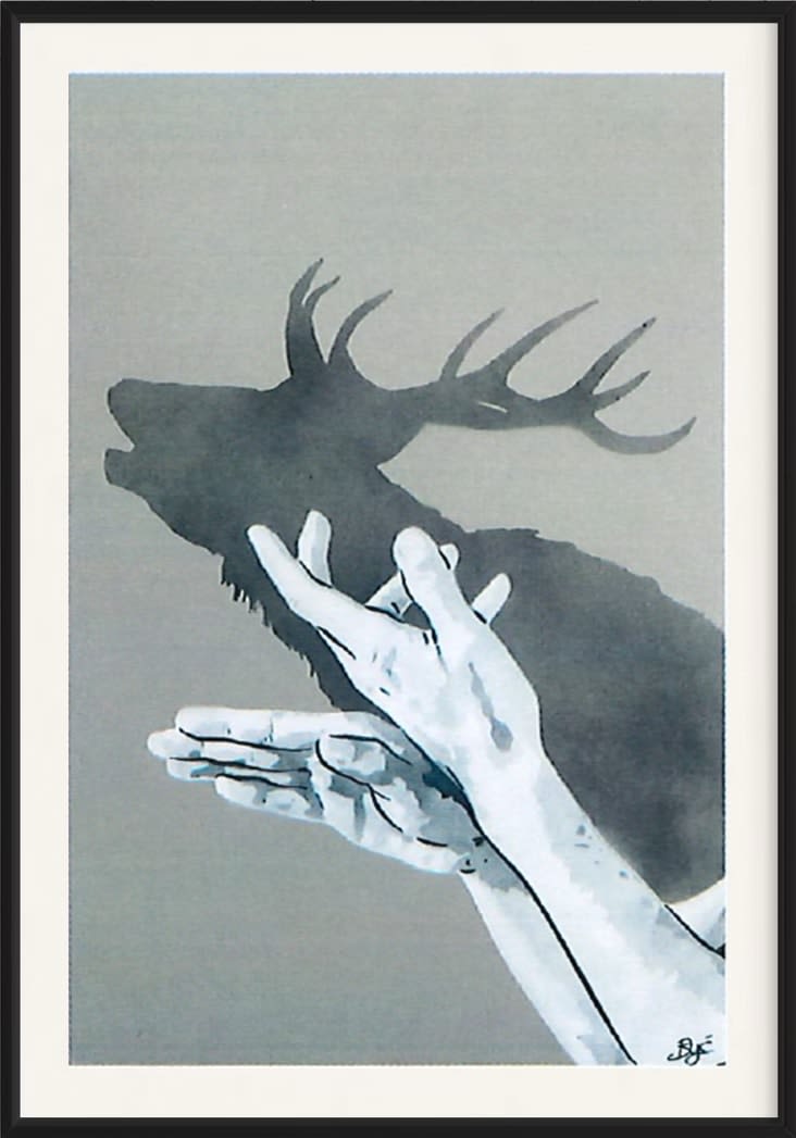 “Shadow Puppets”, mixed media work on recycled card stock by BYC artist, from Switzerland. Available at Carousel Fine Art New Buffalo