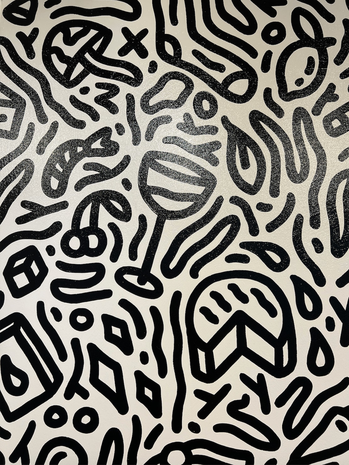 Detail photo of “Day in St. Tropez”, painting by Chance Cooper artist from United States, based in LA. Available at Carousel Fine Art Atlanta. The artist's technique with oil on canvas celebrates the sacred art of storytelling, with each painting evoking the sense of a page torn from one’s life. His work is recognized as a playground where his characters reveal their existential secrets. Colors of this work : Black, White