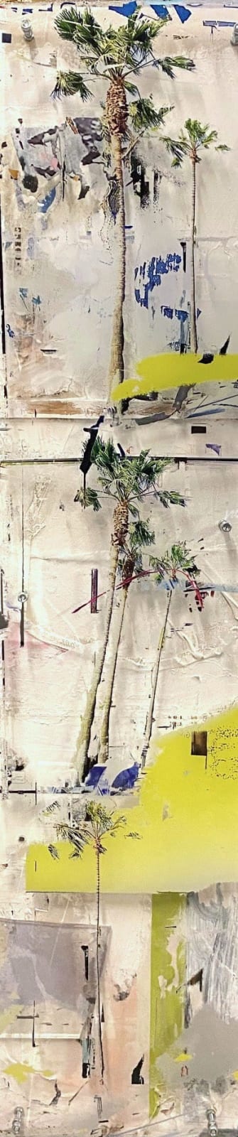 “Yellow Palmers” mixed media artwork by Gregory Watin, artist from France. Available at Carousel Fine Art, New Buffalo.