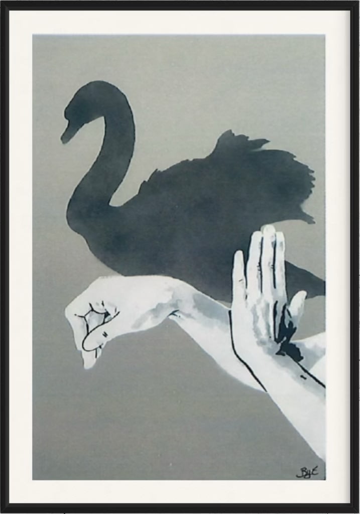 “Shadow Puppets”, mixed media work on recycled card stock by BYC artist, from Switzerland. Available at Carousel Fine Art New Buffalo