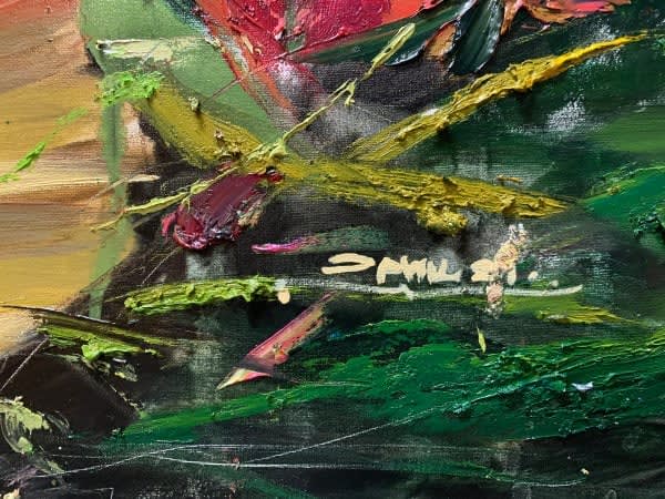 Detail photo of “Venus with flowers,” painting by Eric Alfaro artist from Cuba, based in the United States. Available at Carousel Fine Art Miami. The artist’s technique transforms acrylic paint with his spatula into unforgettable imagery. His impasto texture captivates, while his use of color and contrast adds striking depth. Colors of this work : Red, Magenta, Pink, Green, White, Yellow, Orange, Brown, Beige, Grey, Black