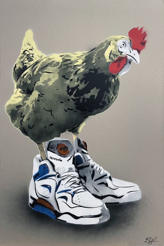 “Chicken at the Top Reebok (Yellow)”, mixed media work on recycled card stock by BYC artist, from Switzerland. Available at Carousel Fine Art Atlanta