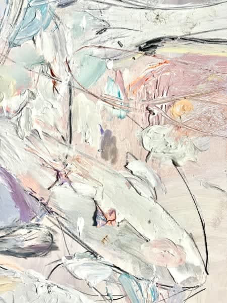 Detail photo of “Light” painting by Eric Alfaro artist from Cuba, based in the United States. Available at Carousel Fine Art Atlanta. The artist’s technique transforms acrylic paint with his spatula into unforgettable imagery. His impasto texture captivates, while his use of color and contrast adds striking depth. Colors of this work : Purple, Pink, Beige, Grey, Black, White