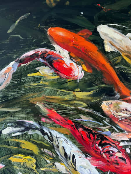 Detail photo of “The Afternoon Lights,” painting by Eric Alfaro artist from Cuba, based in the United States. Available at Carousel Fine Art Miami. The artist’s technique transforms acrylic paint with his spatula into unforgettable imagery. His impasto texture captivates, while his use of color and contrast adds striking depth. Colors of this work : Green, Blue, Red, Pink, White, Purple, Orange, Yellow, Brown, Grey, Black