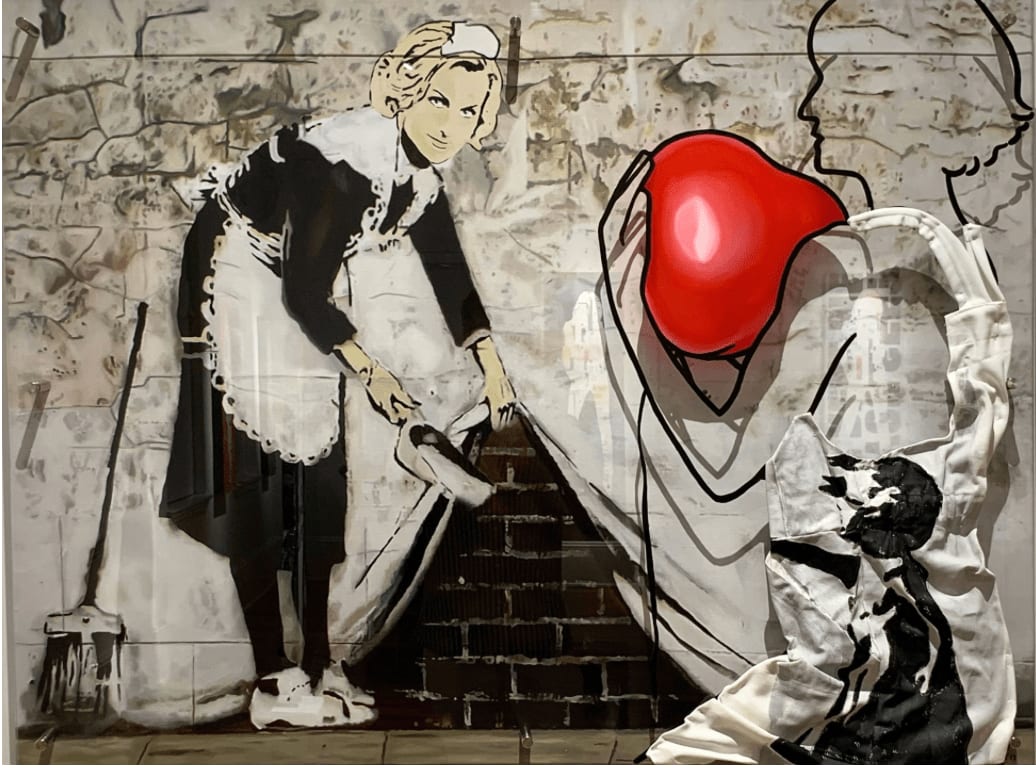 “Don't Blush (Hommage A Banksy)” , painting by Caroline Dechamby artist from Holland, based in Switzerland. Available at Carousel Fine Art Chicago. The artist’s technique transforms oil on canvas to re-assess masterpieces and history, creating both a recognizable autobiographical character and an anonymous silhouette on plexiglass. Colors of this work : Red, Brown, Black, Off White, Grey, Beige