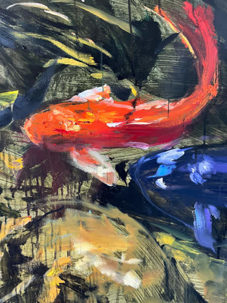 Detail photo of “The Afternoon Lights,” painting by Eric Alfaro artist from Cuba, based in the United States. Available at Carousel Fine Art Miami. The artist’s technique transforms acrylic paint with his spatula into unforgettable imagery. His impasto texture captivates, while his use of color and contrast adds striking depth. Colors of this work : Green, Blue, Red, Pink, White, Purple, Orange, Yellow, Brown, Grey, Black