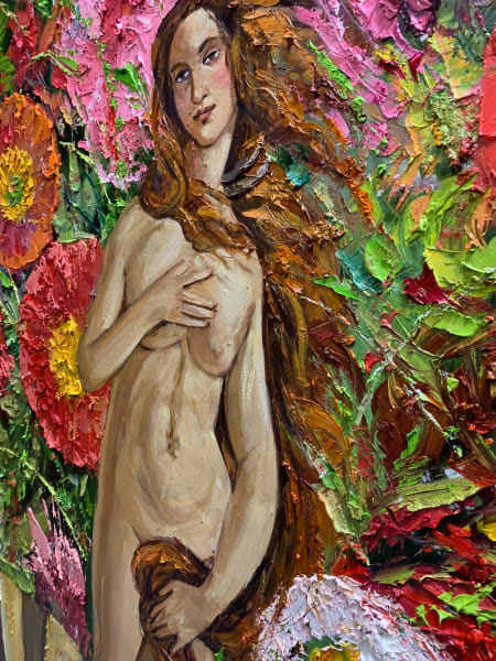 Detail photo of “Venus with flowers,” painting by Eric Alfaro artist from Cuba, based in the United States. Available at Carousel Fine Art Miami. The artist’s technique transforms acrylic paint with his spatula into unforgettable imagery. His impasto texture captivates, while his use of color and contrast adds striking depth. Colors of this work : Red, Magenta, Pink, Green, White, Yellow, Orange, Brown, Beige, Grey, Black