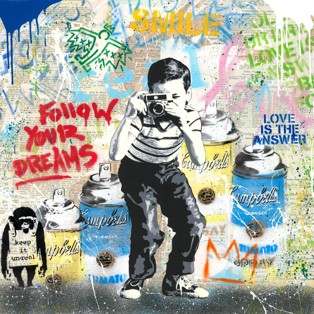 “Smile”, serigraph by Mr. Brainwash artist from France, based in L.A. Available at Carousel Fine Art Atlanta.