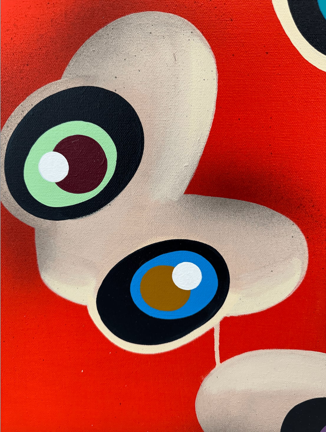 “Supreme Floaters”, mixed media artwork by John Westbay artist from Brooklyn, NY. Available at Carousel Fine Art Atlanta. The artist's mixed media technique is known for the iconic LOVE logo. John's vibrant work blends nostalgia with the present, featuring three-dimensional hearts with cartoon eyes. These varied shapes and colors, sometimes happy or sad, reflect the complexity of love and life. Colors of this work : Red, Blue, Green, Pink, Purple, Beige, Brown, White, Black