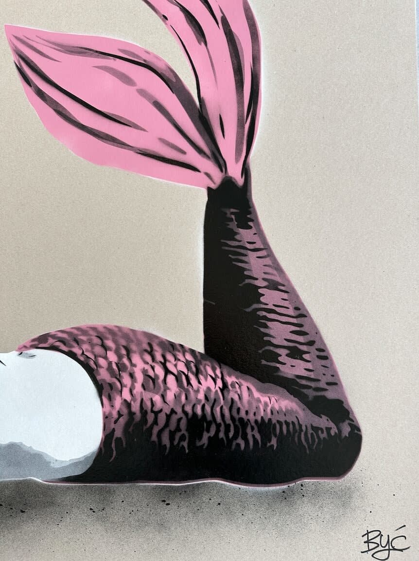 Detail photo of “Mermaid Tango Dream”, mixed media work on recycled card stock by BYC artist, from Switzerland. Available at Carousel Fine Art Miami. With a reimagined vision of Street and Contemporary Art, the artist's technique involves spray paint and acrylic marker. This artwork invites us to reflect on our own dreams and the paths to achieving them, even when they appear out of reach. Colors of this work : Grey, Black, White, Pink