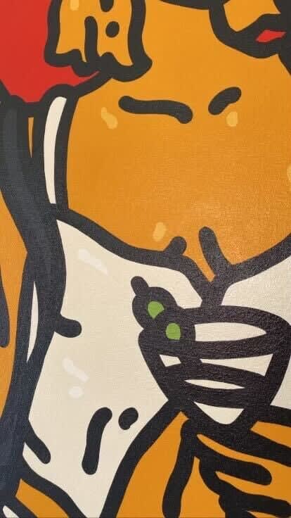 Detail photo of “Just Because She Can”, painting by Chance Cooper artist from United States, based in LA. Available at Carousel Fine Art Miami. The artist's technique with oil on canvas celebrates the sacred art of storytelling, with each painting evoking the sense of a page torn from one’s life. His work is recognized as a playground where his characters reveal their existential secrets. Colors of this work : Red, Orange, Yellow, Beige, Black, Green, Grey, White