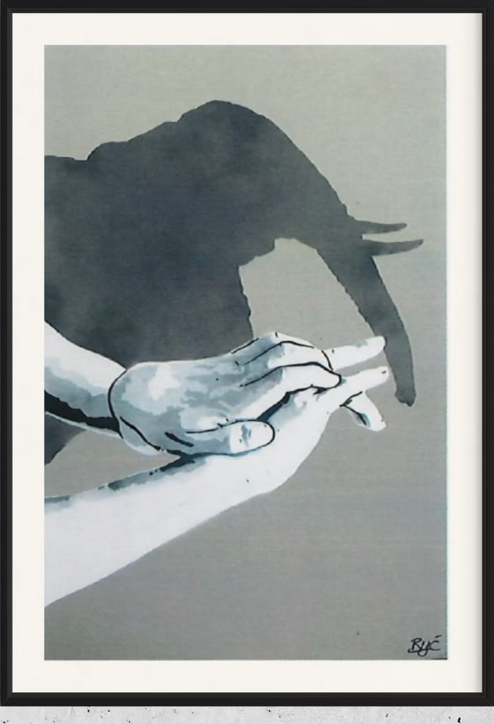 “Shadow Puppets”, mixed media work on recycled card stock by BYC artist, from Switzerland. Available at Carousel Fine Art New Buffalo