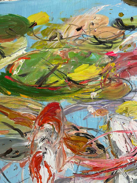 Detail photo of “Dance” painting by Eric Alfaro artist from Cuba, based in the United States. Available at Carousel Fine Art Atlanta. The artist’s technique transforms acrylic paint with his spatula into unforgettable imagery. His impasto texture captivates, while his use of color and contrast adds striking depth. Colors of this work : Blue, Green, Purple, Brown, Red, Magenta, Yellow, Orange, Pink, Grey, Black, White