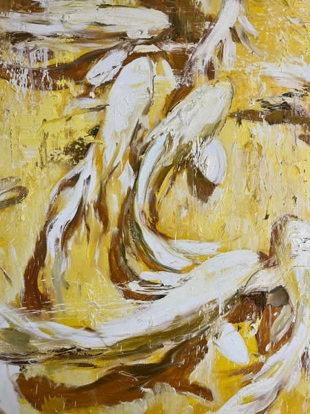 Detail photo of “Gold” painting by Eric Alfaro artist from Cuba, based in the United States. Available at Carousel Fine Art Atlanta. The artist’s technique transforms acrylic paint with his spatula into unforgettable imagery. His impasto texture captivates, while his use of color and contrast adds striking depth. Colors of this work : Yellow, Brown, White, Black